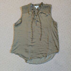 alex & lili army green sleeveless blouse with tie neck, M